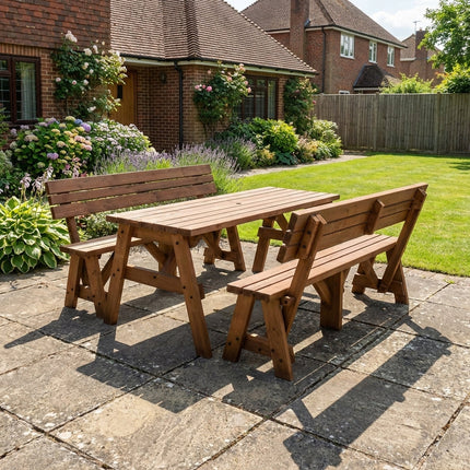 Victoria Picnic Table and Benches Set With Backrest - Rustic Finish