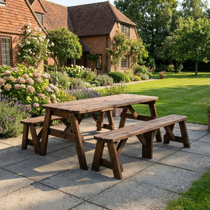 Victoria Rounded Picnic Table and Benches Set - Rustic Finish