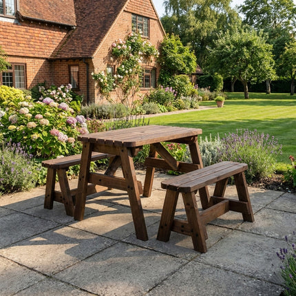 Victoria Rounded Picnic Table and Benches Set - Rustic Finish
