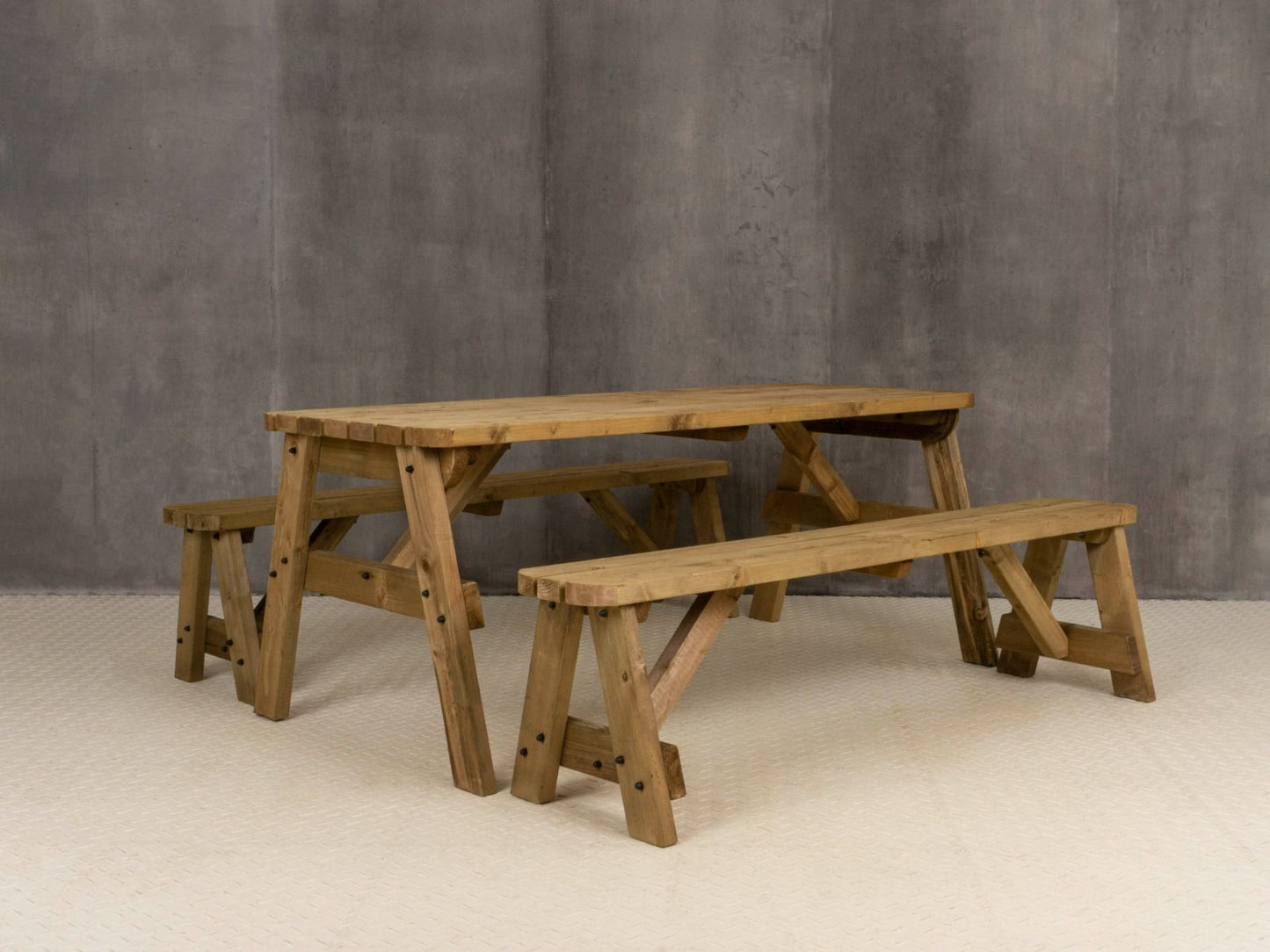 Victoria Rounded Picnic Table and Benches Set - Rustic Finish