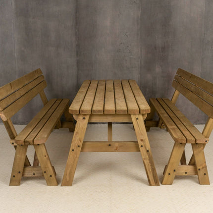 Victoria Rounded Picnic Table and Benches Set With Backrest - Rustic Finish