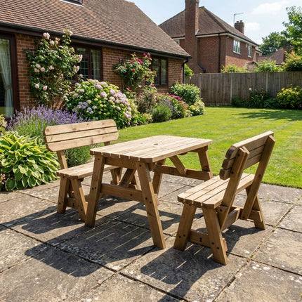 Victoria Rounded Picnic Table and Benches Set With Backrest - Rustic Finish