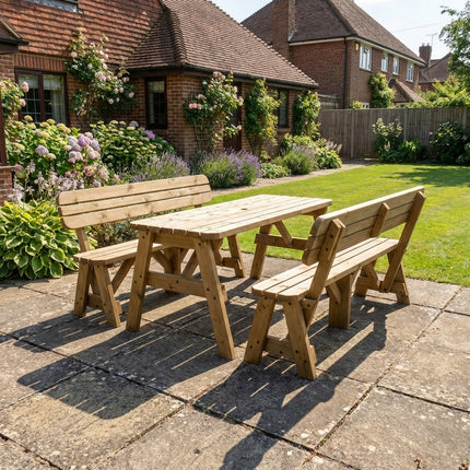Victoria Rounded Picnic Table and Benches Set With Backrest - Rustic Finish