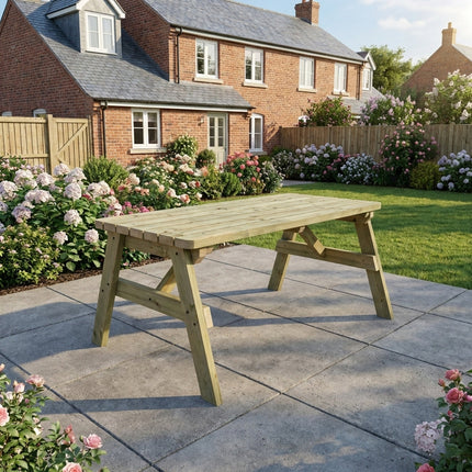 Victoria Rounded Wooden Garden Table, Outdoor Picnic Dining Desk