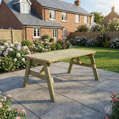 Victoria Rounded Wooden Garden Table, Outdoor Picnic Dining Desk
