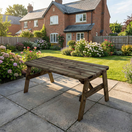 Victoria Rounded Wooden Garden Table, Outdoor Picnic Dining Desk - Rustic Finish