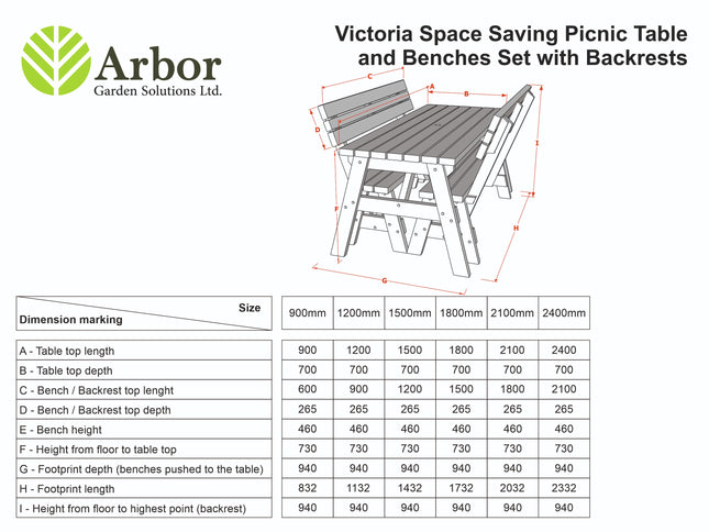 Victoria Space Saving Picnic Table and Benches Set With Backrest - Rustic Finish