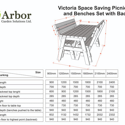 Victoria Space Saving Picnic Table and Benches Set With Backrest