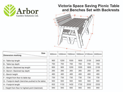 Victoria Space Saving Picnic Table and Benches Set With Backrest