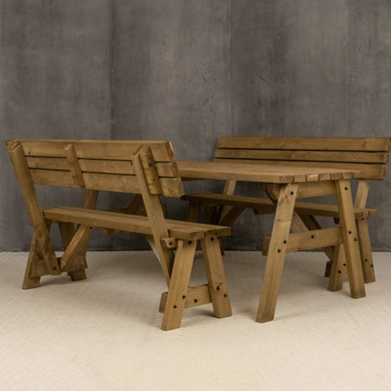 Victoria Space Saving Picnic Table and Benches Set With Backrest - Rustic Finish