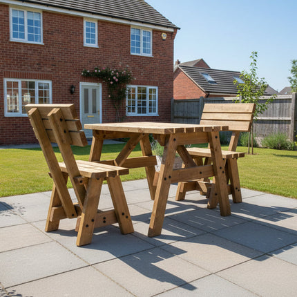 Victoria Space Saving Picnic Table and Benches Set With Backrest - Rustic Finish