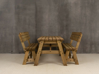 Victoria Space Saving Picnic Table and Benches Set With Backrest - Rustic Finish