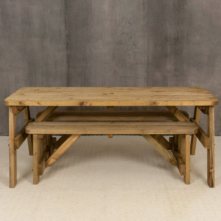 Victoria Rounded Space Saving Picnic Table and Benches Set - Rustic Finish