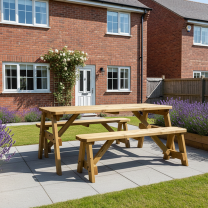 Victoria Rounded Space Saving Picnic Table and Benches Set - Rustic Finish