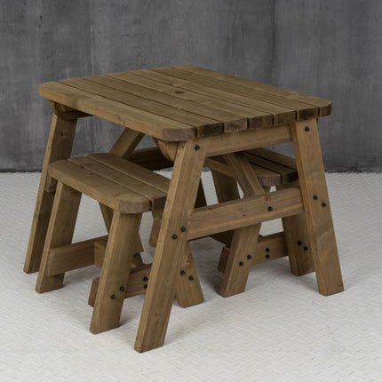 Victoria Rounded Space Saving Picnic Table and Benches Set - Rustic Finish