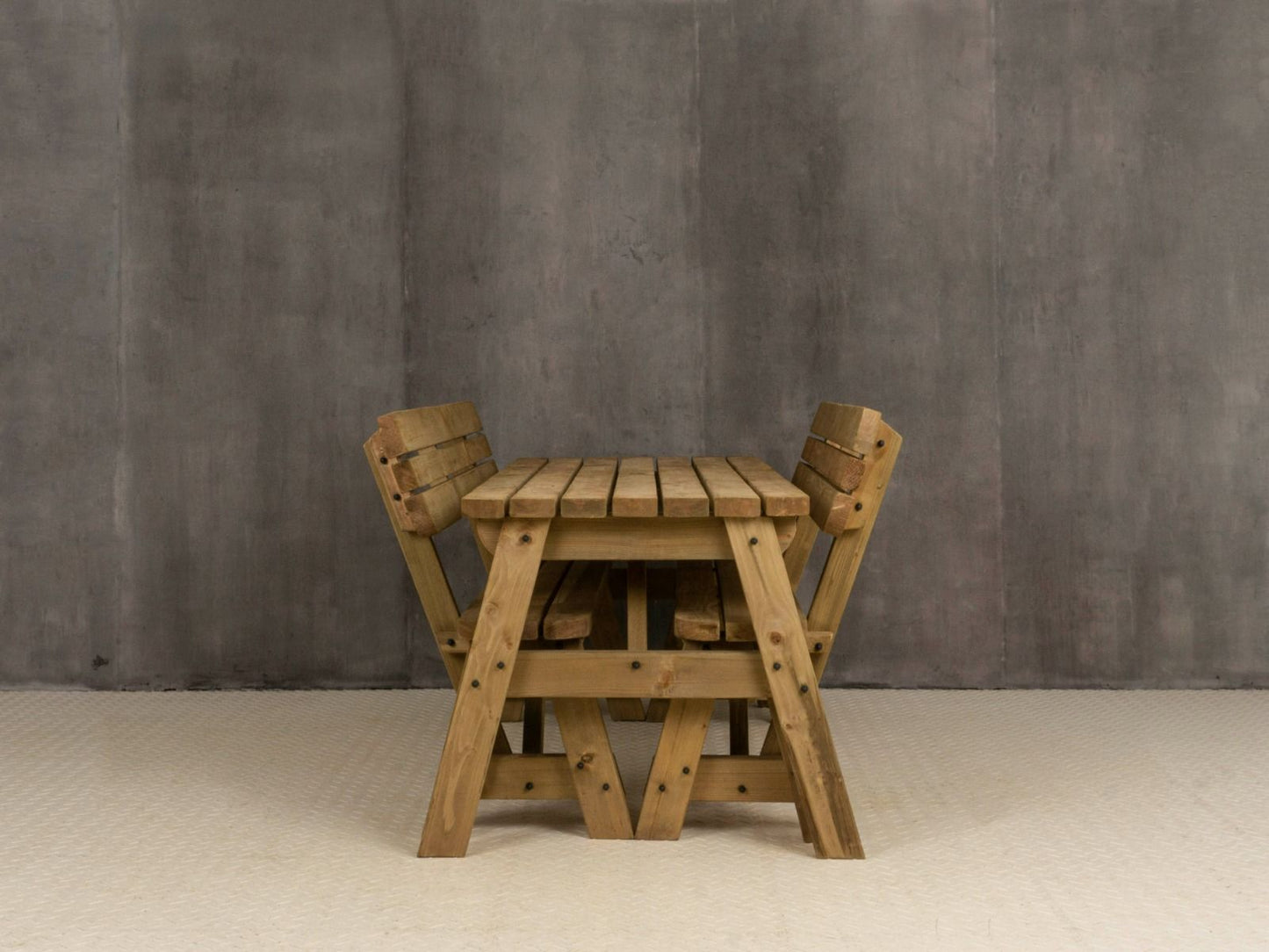 Victoria Space Saving Rounded Picnic Table and Bench Set With Backrest - Rustic Finish