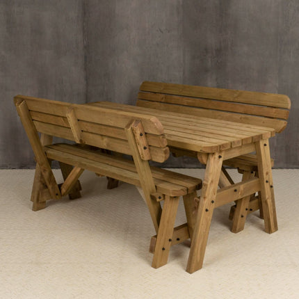 Victoria Space Saving Rounded Picnic Table and Bench Set With Backrest - Rustic Finish