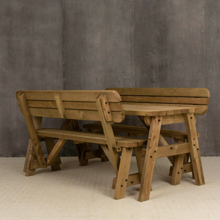 Victoria Space Saving Rounded Picnic Table and Bench Set With Backrest - Rustic Finish