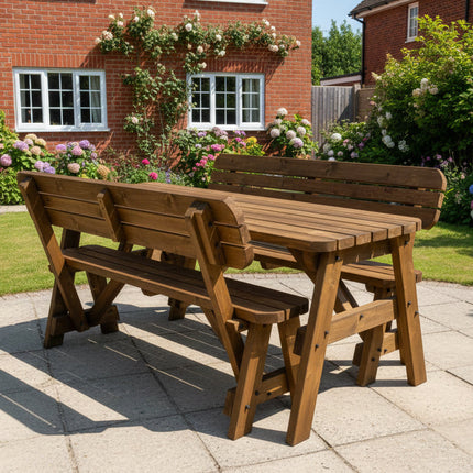Victoria Space Saving Rounded Picnic Table and Bench Set With Backrest - Rustic Finish
