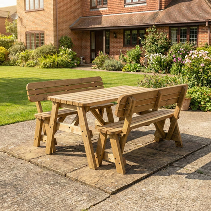 Victoria Space Saving Rounded Picnic Table and Bench Set With Backrest - Rustic Finish