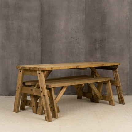 Victoria Rounded Space Saving Picnic Table and Benches Set - Rustic Finish