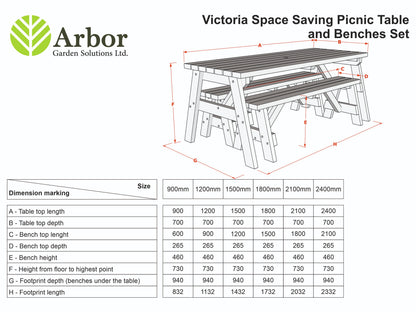 Victoria Rounded Space Saving Picnic Table and Benches Set - Rustic Finish
