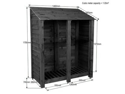 Slatted Wooden Log Store W-146cm, H-126cm or 180cm, D-88cm - Brown Finish