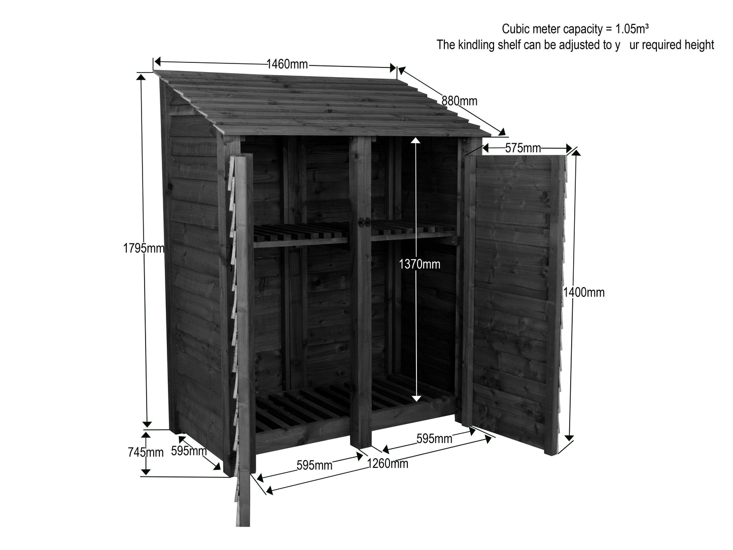 Slatted Wooden Log Store with Door and Shelf W-146cm, H-126cm or 180cm, D-88cm - Brown Finish