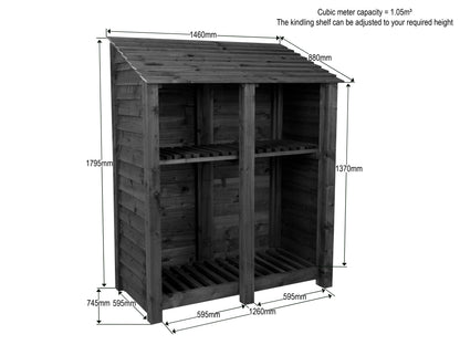Wooden Log Store with Shelf W-146cm, H-126cm or 180cm, D-88cm - Brown Finish