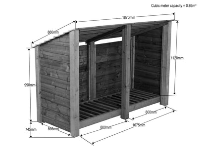 Wooden Log Store (Roof Sloping Back) W-187cm, H-126cm or 180cm, D-88cm - Brown Finish