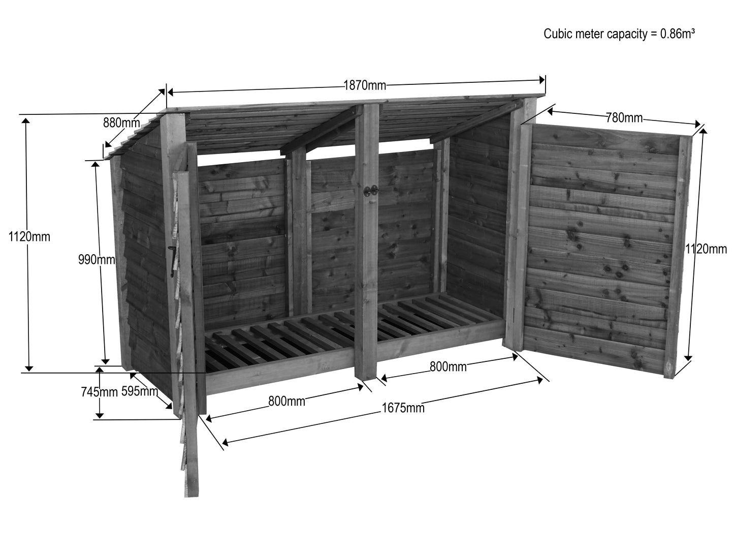 Wooden Garden Tool Storage (Roof Sloping Back) W-187cm, H-126cm or 180cm, D-88cm