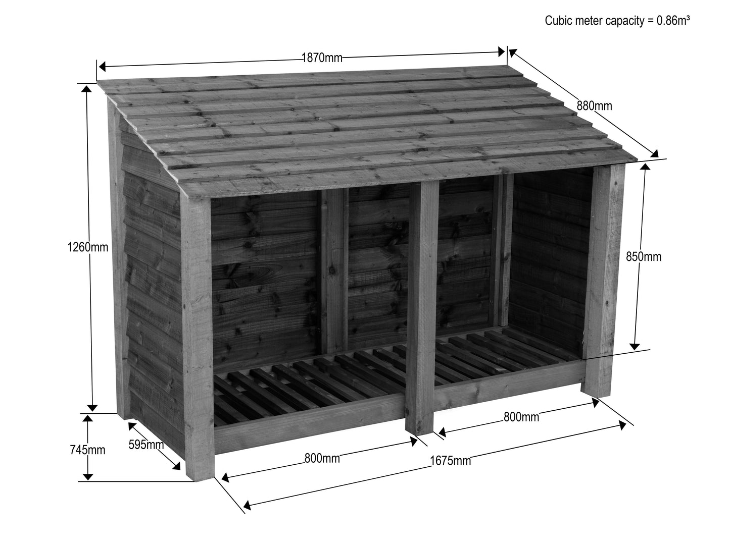Slatted Wooden Log Store W-187cm, H-126cm or 180cm, D-88cm