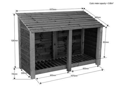 Slatted Wooden Log Store W-187cm, H-126cm or 180cm, D-88cm