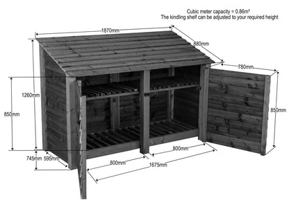 Wooden Log Store with Doors and Shelf W-187cm, H-126cm or 180cm, D-88cm - Brown Finish