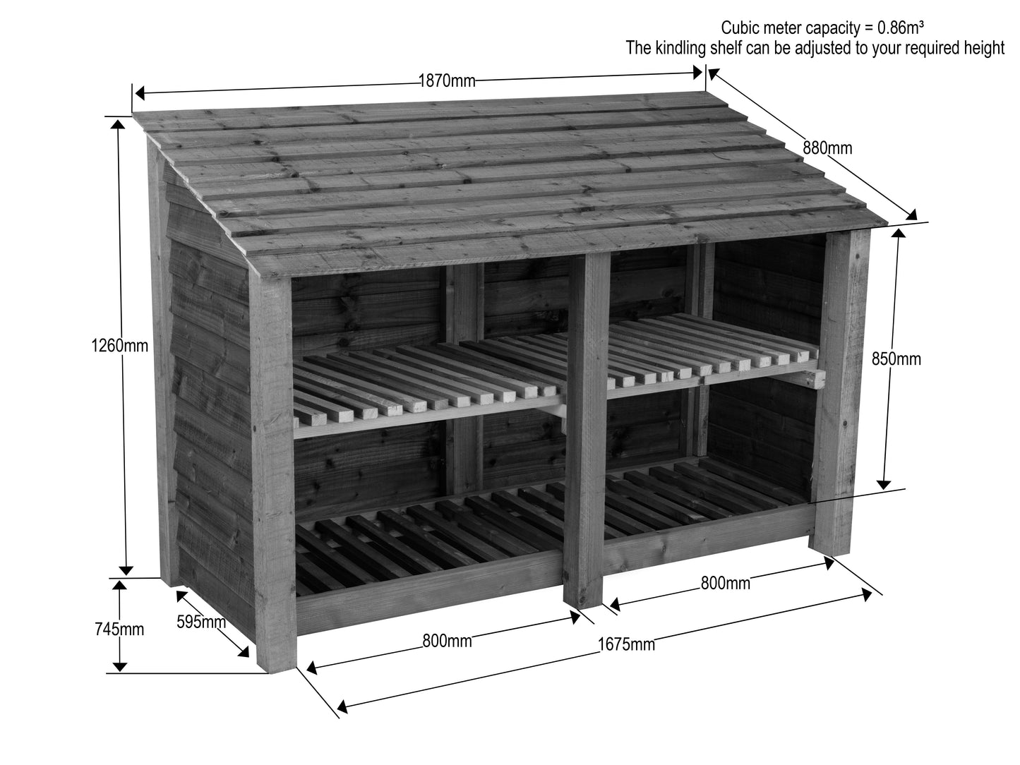 Slatted Wooden Log Store with Shelf W-187cm, H-126cm or 180cm, D-88cm