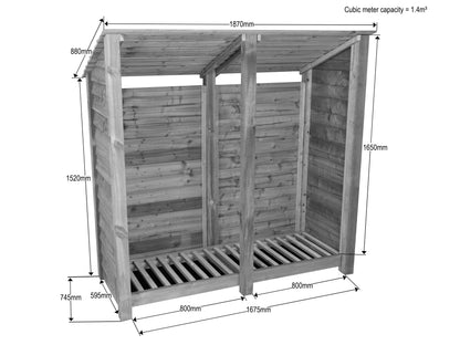 Wooden Log Store (Roof Sloping Back) W-187cm, H-126cm or 180cm, D-88cm - Brown Finish