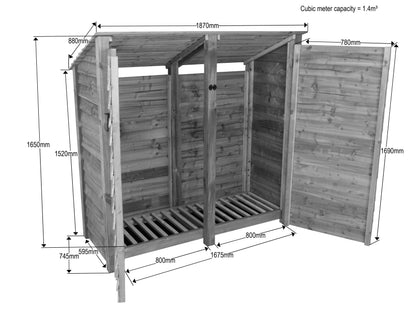 Wooden Garden Tool Storage (Roof Sloping Back) W-187cm, H-126cm or 180cm, D-88cm - Brown Finish