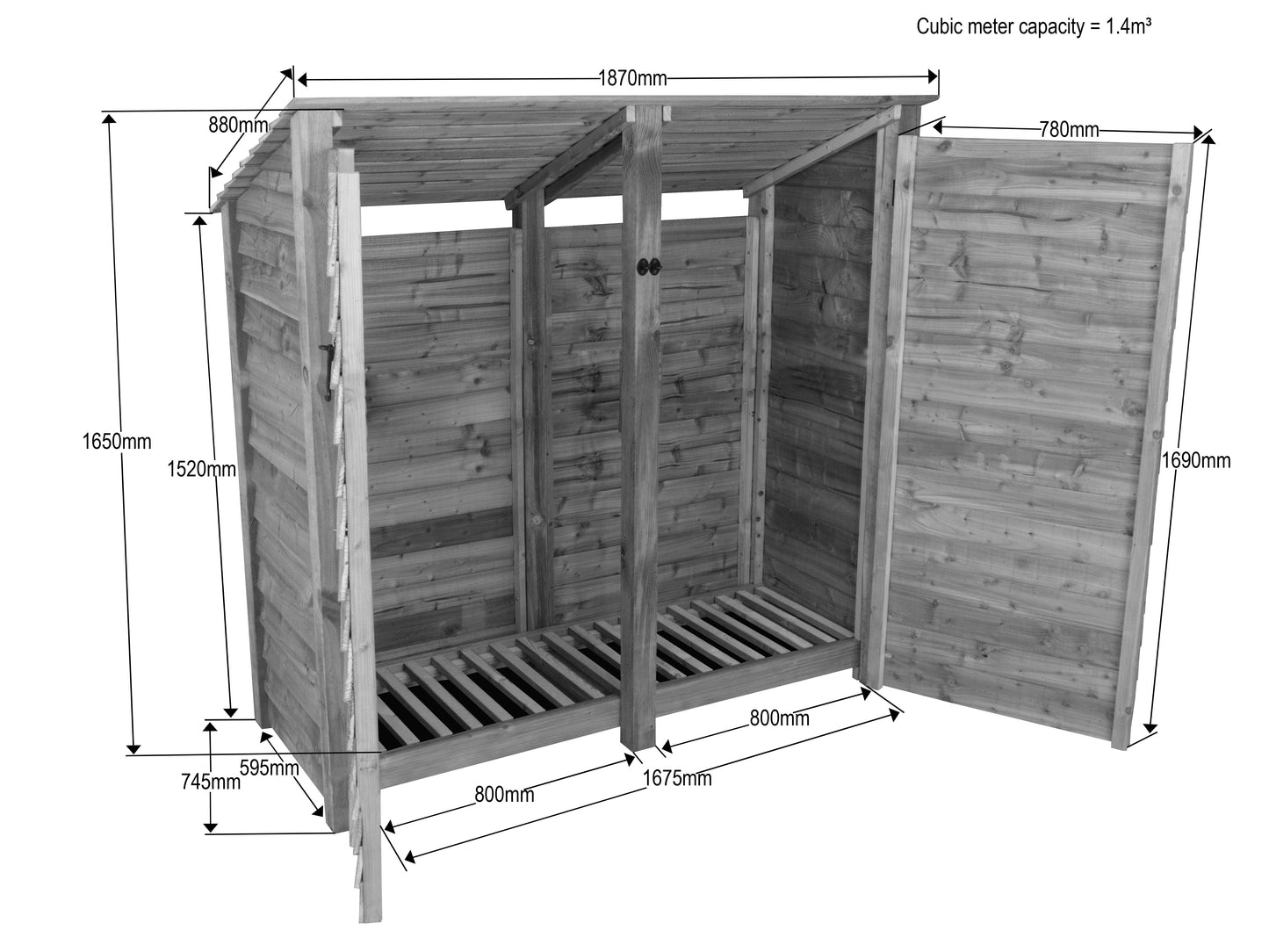 Wooden Log Store (Roof Sloping Back) with Doors W-187cm, H-126cm or 180cm, D-88cm