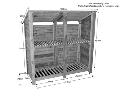 Wooden Log Store (Roof Sloping Back) with Shelf W-187cm, H-126cm or 180cm, D-88cm