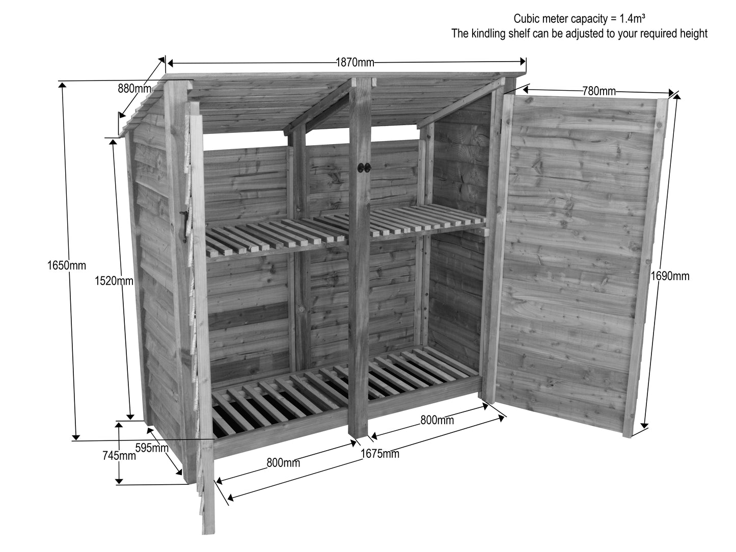 Wooden Log Store (Roof Sloping Back) with Doors and Shelf W-187cm, H-126cm or 180cm, D-88cm