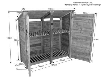 Wooden Garden Tool Storage (Roof Sloping Back) with Shelf W-187cm, H-126cm or 180cm, D-88cm