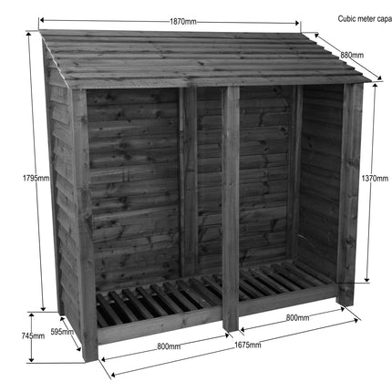 Slatted Wooden Log Store with Shelf W-187cm, H-126cm or 180cm, D-88cm - Brown Finish