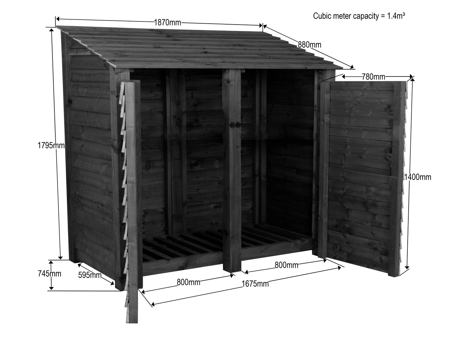 Slatted Wooden Log Store with Doors W-187cm, H-126cm or 180cm, D-88cm