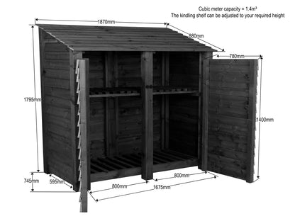 Wooden Log Store with Doors and Shelf W-187cm, H-126cm or 180cm, D-88cm