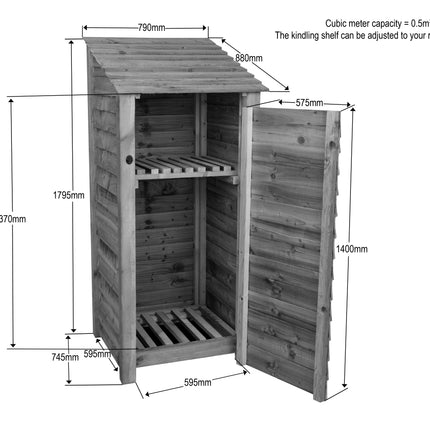 Wooden Log Store with Door and Shelf W-79cm, H-126cm or 180cm, D-88cm - Brown Finish