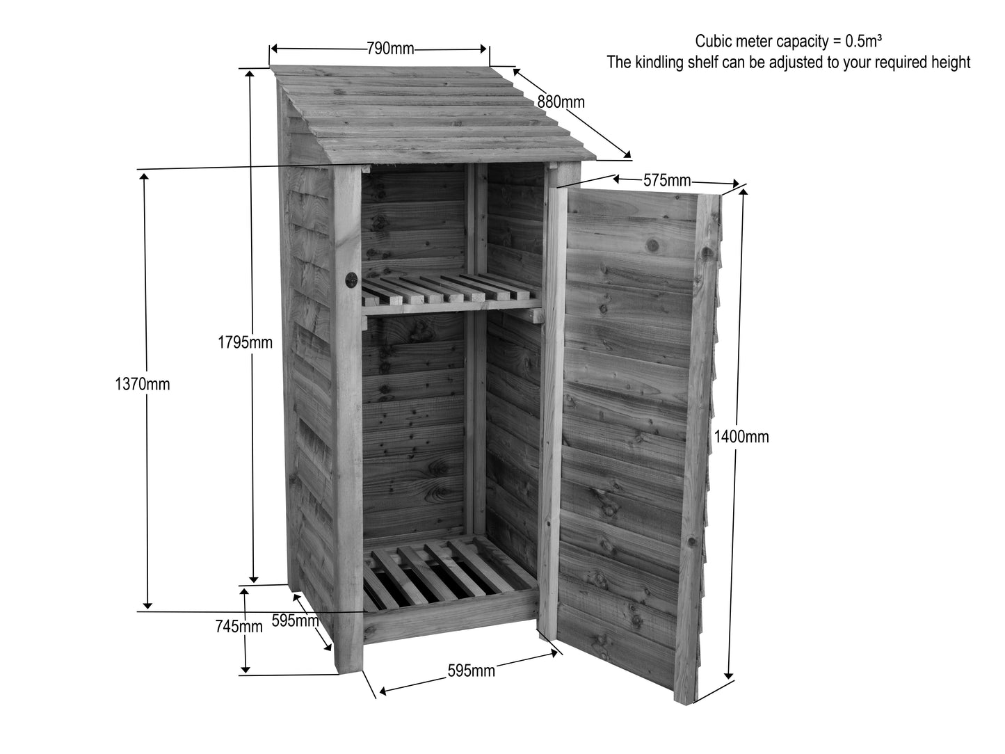 Wooden Log Store with Door and Shelf W-79cm, H-126cm or 180cm, D-88cm - Brown Finish