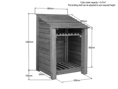 Wooden Log Store with Shelf W-99cm, H-126cm Or 180cm, D-88cm