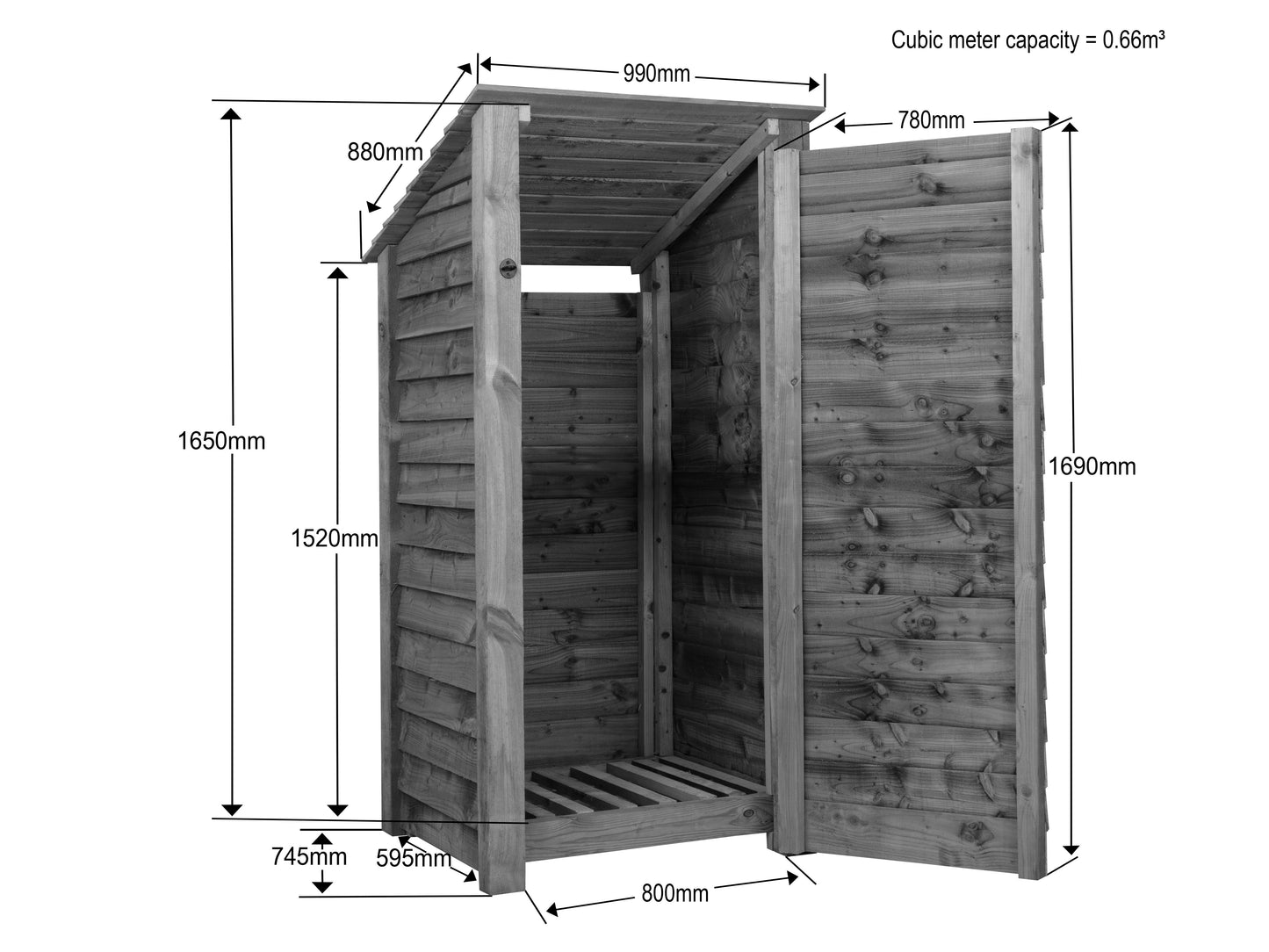 Slatted Wooden Log Store with Door W-99cm, H-126cm or 180cm, D-88cm - Brown Finish