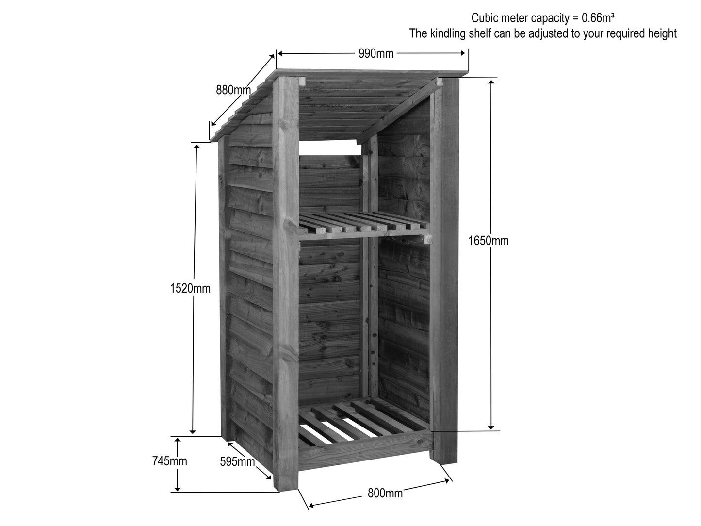 Wooden Log Store with Shelf (Roof Sloping Back) W-99cm, H-126cm Or 180cm, D-88cm - Brown Finish