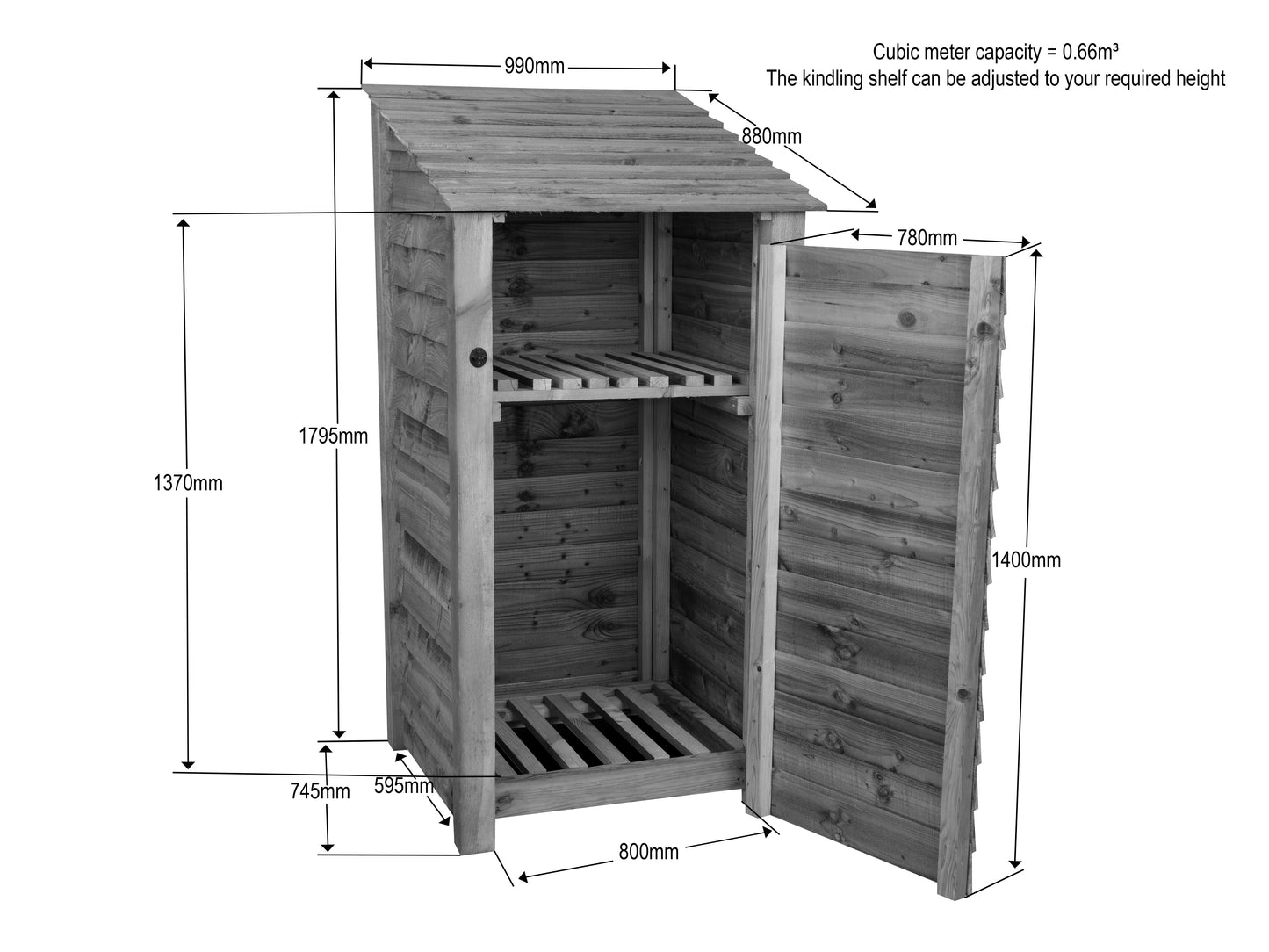 Wooden Premium Tongue/Groove Log Store with Door and Shelf (W-99cm, H-126cm or H-180cm, D-88cm)